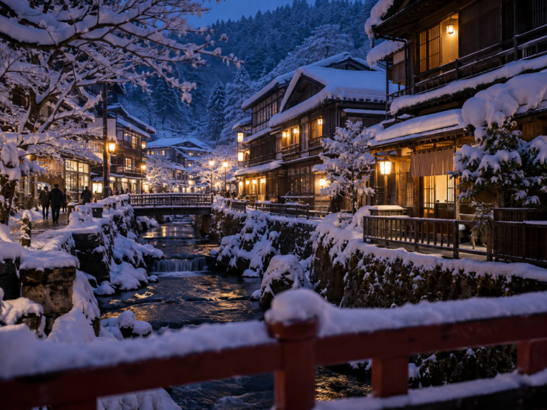 AI-generated illustration: Wooden inns and a small bridge beside a snowy waterway at dusk.