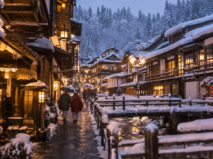 AI-generated illustration: A snow-covered street between warmly lit wooden inns at dusk.