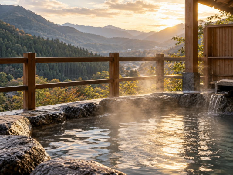 AI-generated illustration: A steaming stone outdoor bath overlooking forested mountains at sunrise.