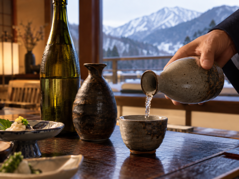 AI-generated illustration: Sake poured from a ceramic flask into a cup beside a mountain-view window.