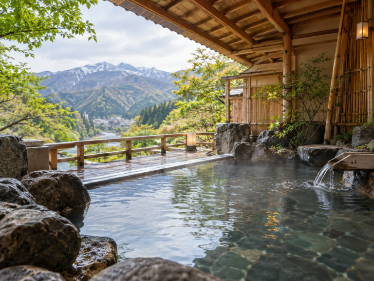 AI-generated illustration: A stone outdoor bath beneath a wooden roof overlooking green mountains.