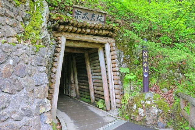 The timber-framed entrance to the Sodayu Tunnel at Sado Kinzan, set in a stone wall beside green woodland.