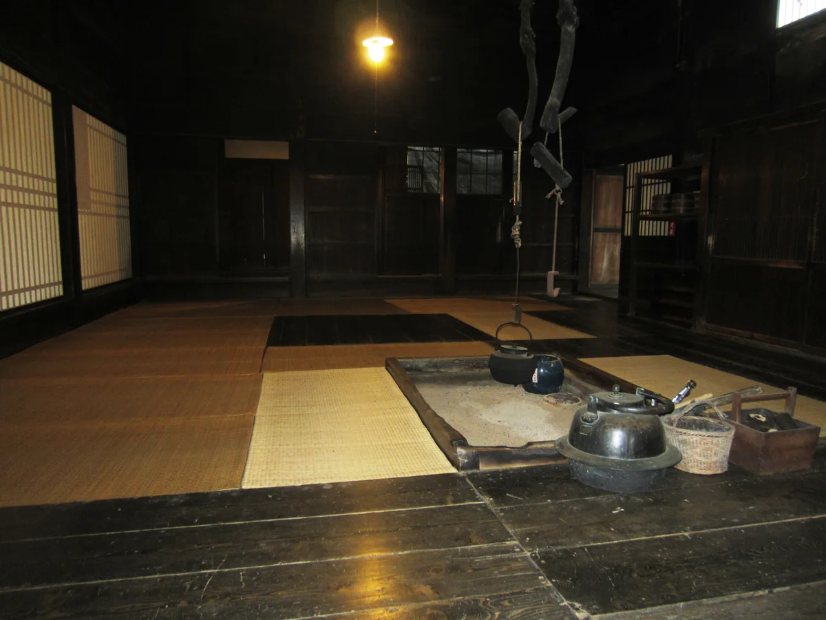 A hearth and kettles in the kitchen of the Former Sasagawa Residence.