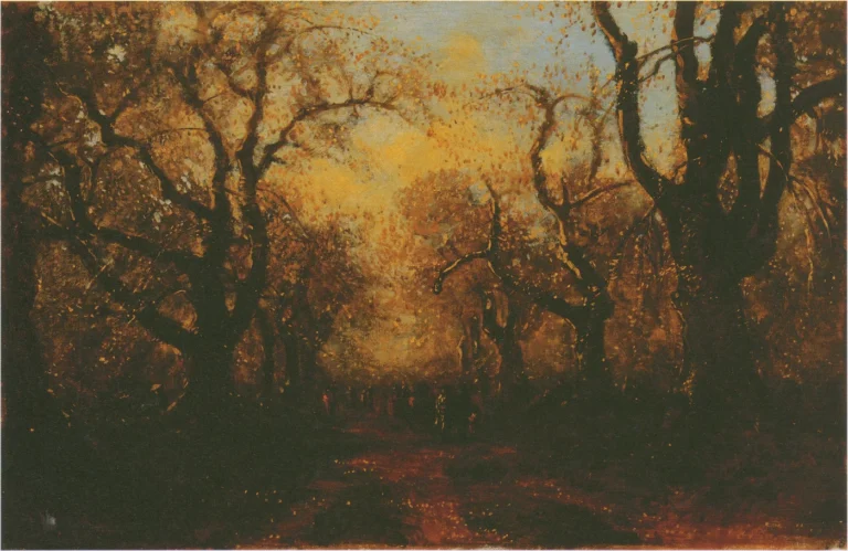 Koyama Shotaro’s Cherry Blossoms in Sendai, a tree-lined path painted in warm light, from the museums’ shared collection