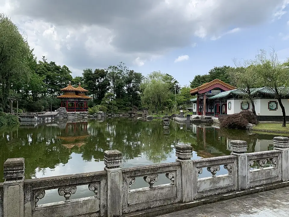 Chinese-style pavilions and a pond in Tenjuen Garden
