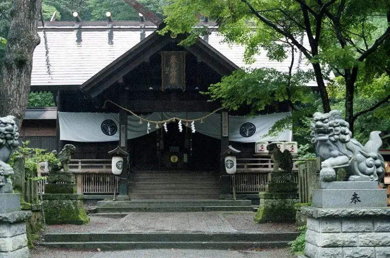Kasugayama Shrine framed by green trees and stone guardians