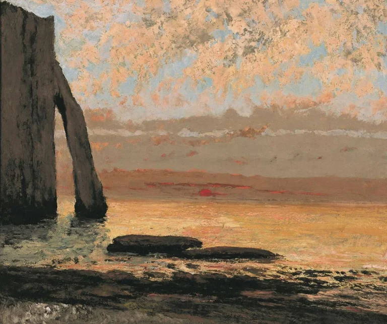 Gustave Courbet’s painting of Etretat cliffs and a glowing sunset, from Niigata Prefectural Museum of Modern Art’s collection