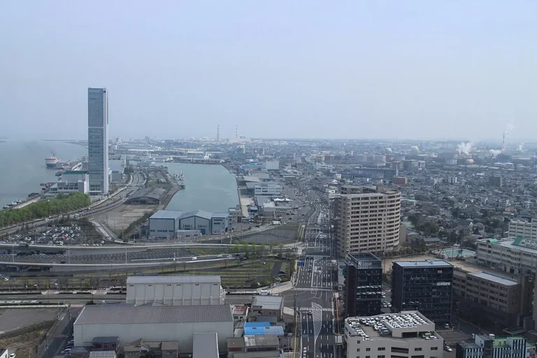 Shinano River and Niigata city viewed from the Media Ship observation floor