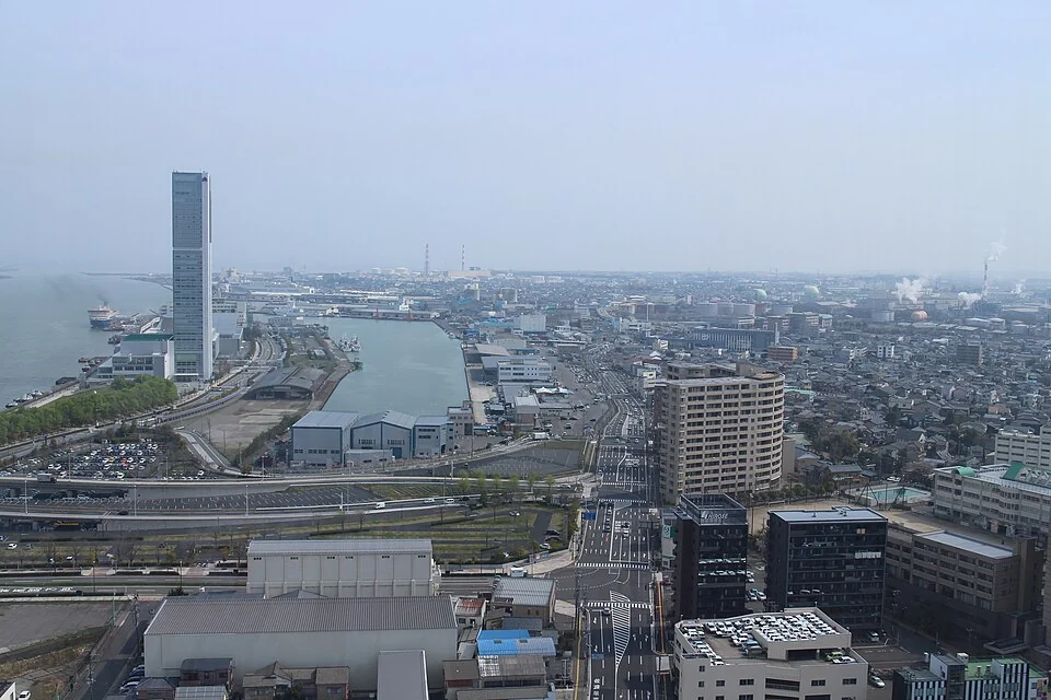 Shinano River and Niigata city viewed from the Media Ship observation floor