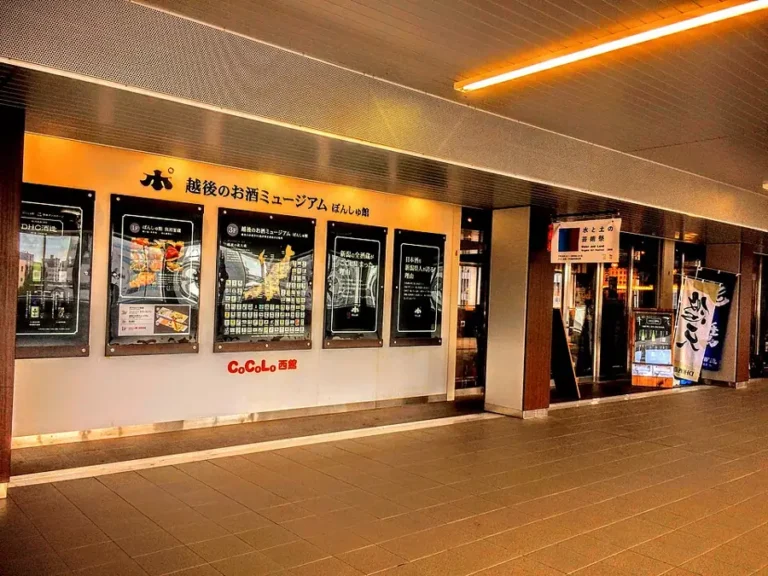 The warmly lit entrance and displays of Ponshukan’s main store in the Mets building at Niigata Station.