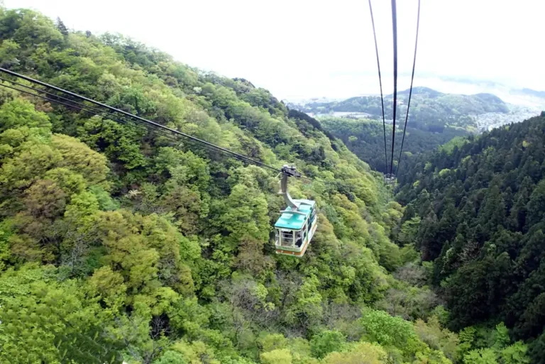 A green Yahiko Ropeway gondola travels above wooded slopes, with the Echigo Plain in the distance.